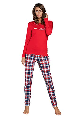 Italian Fashion Damen Schlafanzug lang Pyjama Set | Nachtwäsche Hausanzug Langearm Rund Ausschnitt Zweiteiliger Sleepwear M007 (L, Rot Karierte) von Italian Fashion