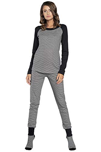 Italian Fashion Damen Schlafanzug lang Pyjama Set | Nachtwäsche Hausanzug Langearm Rund Ausschnitt Zweiteiliger Sleepwear M007 (M, Schwarz) von Italian Fashion