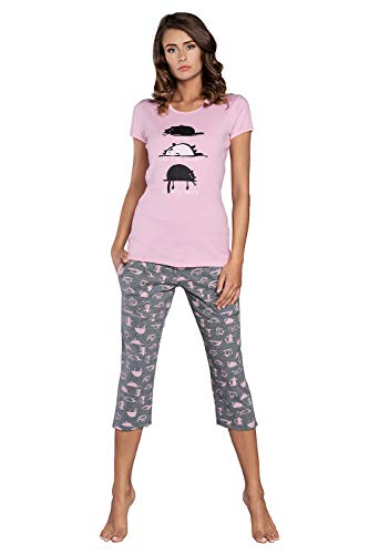 Italian Fashion Damen Schlafanzug lang Pyjama Set | Nachtwäsche Hausanzug Langearm Rund Ausschnitt Zweiteiliger Sleepwear M007 (S, Rosa Mehrfarbig Kurz) von Italian Fashion