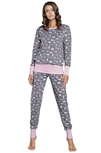 Damen Schlafanzug lang Pyjama Set | Nachtwäsche Hausanzug Langearm Rund Ausschnitt Zweiteiliger Sleepwear M007 (XL, Mehrfarbig Rosa) von Italian Fashion
