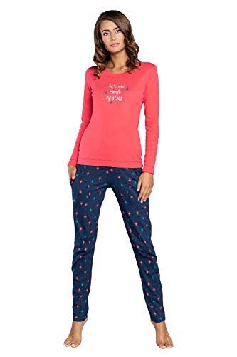 Damen Schlafanzug lang Pyjama Set | Nachtwäsche Hausanzug Langearm Rund Ausschnitt Zweiteiliger Sleepwear M007 (XL, Rosa Blau) von Italian Fashion