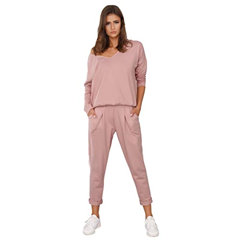 Italian Fashion Damen 2teiliger Sportanzüg Trainingsanzug modisch Set Baumwolle (L, Rosa) von Italian Fashion