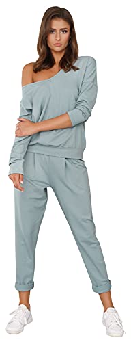 Italian Fashion Damen 2teiliger Sportanzüg Trainingsanzug modisch Set Baumwolle (M, Minze) von Italian Fashion