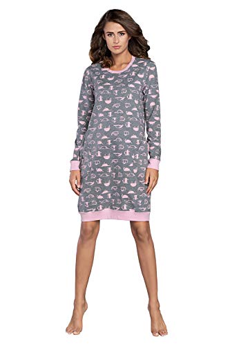 Italian Fashion Damen Nachthemd Nachtwäsche Nachtkleid Aus Baumwolle Rundhals Lässige Schlafhemd Sleepshirt Schlafanzug Damen Sleepwear Mit Vordertasche (L, Grau Rosa) von Italian Fashion