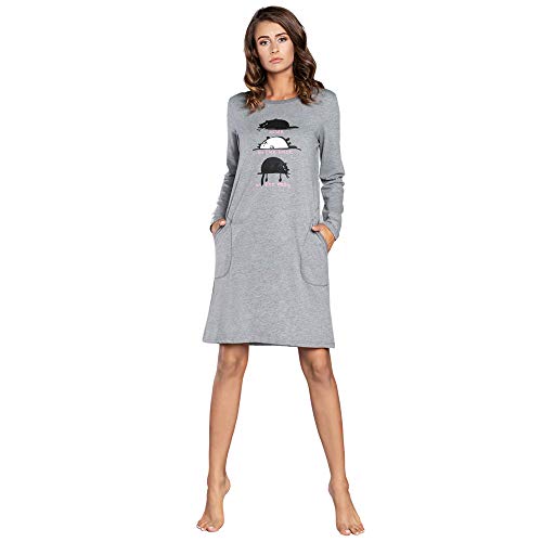 Italian Fashion Damen Nachthemd Nachtwäsche Nachtkleid Aus Baumwolle Rundhals Lässige Schlafhemd Sleepshirt Schlafanzug Damen Sleepwear Mit Vordertasche (S, Grau) von Italian Fashion