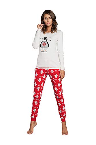 Italian Fashion Damen Schlafanzug aus Baumwolle, Ladies’ Pyjama Set Long-Sleeved, Checked Pyjama Set, Night Wear, Soft and warm (L, Ecru/Muster) von Italian Fashion