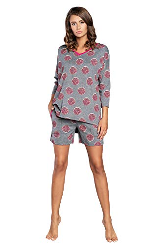 Italian Fashion Damen Schlafanzug lang Pyjama Set | Nachtwäsche Hausanzug Langearm Rund Ausschnitt Zweiteiliger Sleepwear M007 (L, Grau Rosa) von Italian Fashion