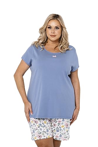 Italian Fashion IF Martina Damen kurzer Schlafanzug/Shorty aus 100% Baumwolle, blau/weiß mit Blumen, Gr. XL von Italian Fashion