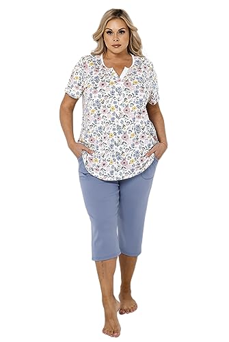 Italian Fashion IF Rosita Damen kurzer Schlafanzug/Pyjama mit Capri aus 100% Baumwolle, blau/weiß mit Blumen, Gr. 3XL von Italian Fashion