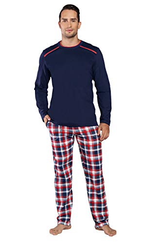 Italian Fashion Set Männerpyjama Schlafanzug Zweiteiler Langarm Herrenhausanzug (L, Dunkelblau/kariert) von Italian Fashion