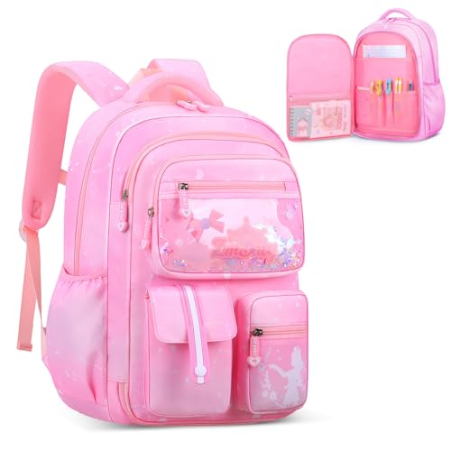 IvyH Kinderrucksack Mädchen Rucksack Kinder 6-10 Jahren, Schultasche Mädchen 1-3. Klasse Schulranzen Groß für Grundschule Kindergartenrucksack für Schule und Reisen, Rosa von IvyH