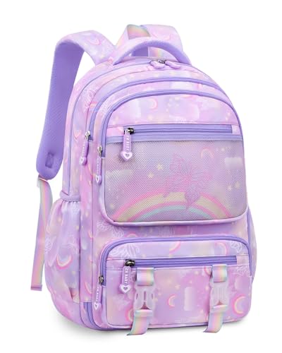 IvyH Kinderrucksack Mädchen Schulrucksack Große, Schulranzen Mädchen 2-6. Klasse, Wasserdicht Rucksack für Kinder（7 8 9 10 11 12 Jahre-Lila von IvyH