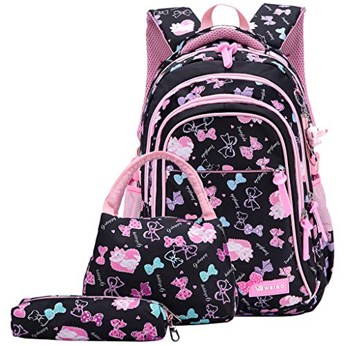 Rucksack Mädchen, Schultaschen Set 3 Teile Set Schulrucksack mit Lunch-Taschen Federmäppchen Bedruckte Lässige Tagesrucksäcke Geeignet für Kinder/Grundschüler/Schüler der Mittelstufe/Teens(Schwarz) von IvyH