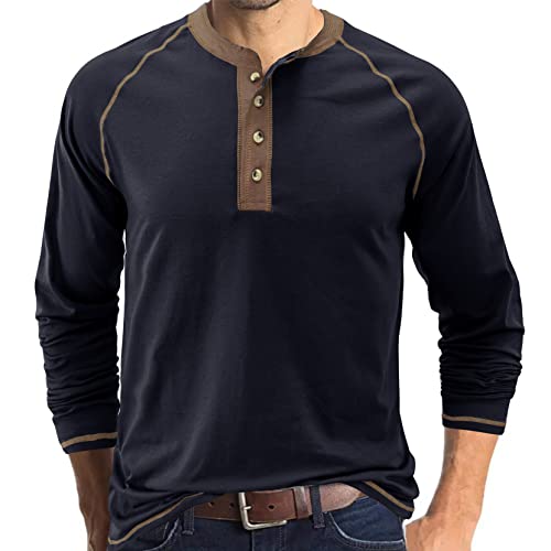 Henley Herren-T-Shirt, langärmelig, lässig, einfarbig, Shirt, navy, L von IyMoo