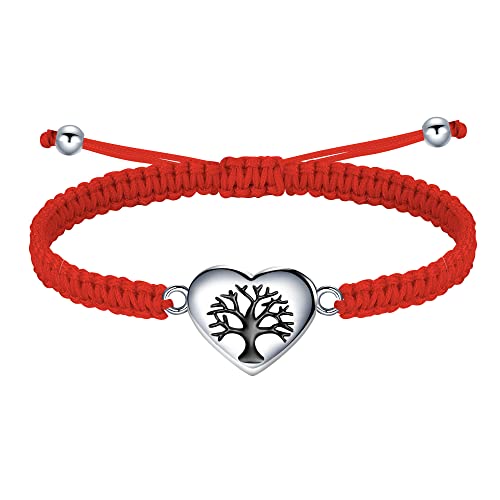 J.Endéar Lebensbaum Herzen Armband für Damen, Silber 925 mit Handarbeit Geflochtene Filigrane Kordel Kette Verstellbares Armband Frauen Mädchen Schmuck Familie Freundschaft Geschenk,Rot von J.Endéar