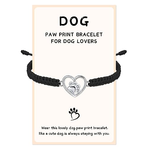 J.Endéar Hund Pfoten Armband für Damen Mädchen, Silber 925 mit Handgefertigter Geflochtener Kordel Verstellbare Armband Kette, Pfoten Schmuck Geschenk für Hundeliebhaber, Schwarz von J.Endéar