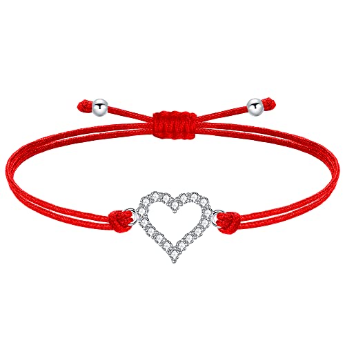 J.Endéar Mädchen Armband Herz Silber 925 mit Zirkonia Mehrfarbige filigrane Kordel Handgefertigter Schmuck, Geburtstag Kommunion Geschenk, Rot von J.Endéar