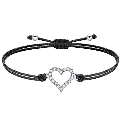 J.Endéar Mädchen Armband Herz Silber 925 mit Zirkonia Mehrfarbige filigrane Kordel Handgefertigter Schmuck, Geburtstag Kommunion Geschenk, Schwarz von J.Endéar