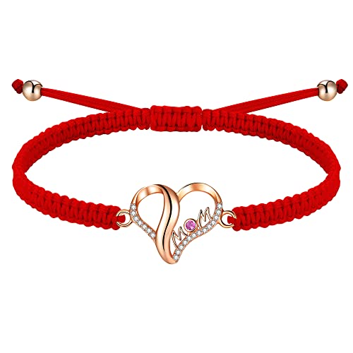 J.Endéar Mutter Herz Armband für Damen, Silber 925 Handgefertigt Geflochtene Filigrane Kordel Verstellbares Armband Rot Cubic Zirkonia Mom Schmuck Mama Geschenk (Roségold, Rot) von J.Endéar