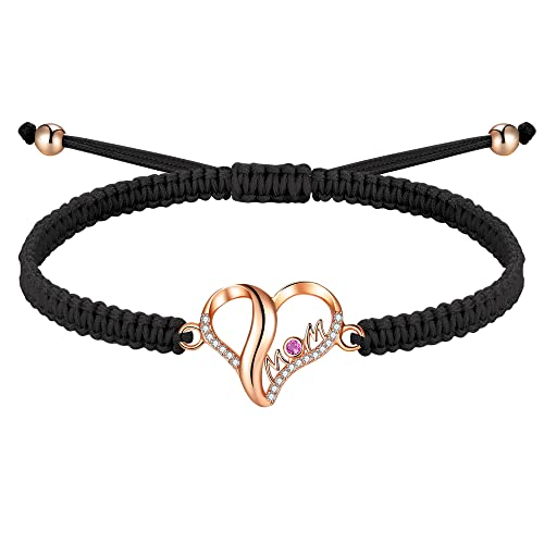 J.Endéar Mutter Herz Armband für Damen, Silber 925 Handgefertigt Geflochtene Filigrane Kordel Verstellbares Armband Rot Cubic Zirkonia Mom Schmuck Mama Geschenk (Roségold, Schwarz) von J.Endéar