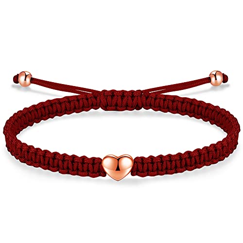 J.Endéar Mehrfarbiger Herz Armband für Damen Frauen 925 Sterling Silber Roségold Handgefertigtes Geflochtenes Armband Zeichenfolge Faden Armband Verstellbarer Seil Kette, Roségold-Rot2 von J.Endéar