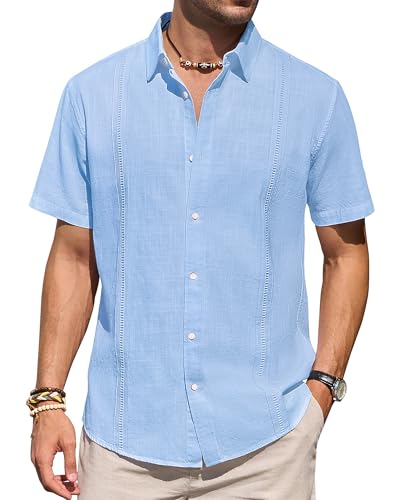 Herren-Leinenhemd, kurzärmelig, Knopfleiste, lässig, leicht, einfarbig, stilvoll, kubanisches Guayabera-Strand-Top, Hell, blau, 6X-Groß von J.VER