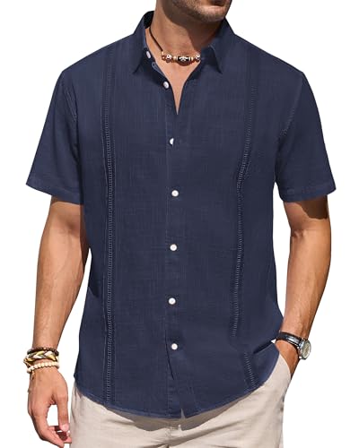 Herren-Leinenhemd, kurzärmelig, Knopfleiste, lässig, leicht, einfarbig, stilvoll, kubanisches Guayabera-Strand-Top, Marineblau, 3X-Groß von J.VER