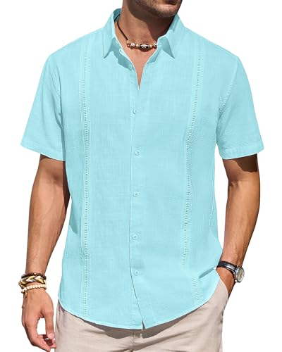 Herren-Leinenhemd, kurzärmelig, Knopfleiste, lässig, leicht, einfarbig, stilvoll, kubanisches Guayabera-Strand-Top, blau - fluorescent blue, 4X-Groß von J.VER
