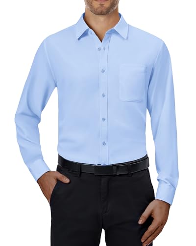 J.VER Bügelfrei Freizeit Herrenhemden Herren Knopfleiste Sommerhemden Pure Büro Hemden Body Fit Casual Business Shirt mit Tasche,Hellblau,XL von J.VER