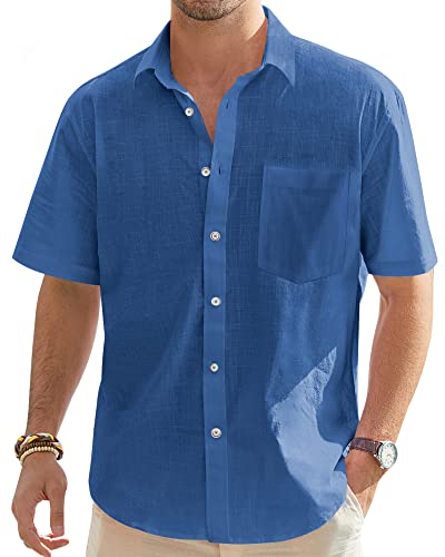 J.VER Herren Baumwolle Leinen Kurzarm Shirts Casual Leicht Button Down Shirt Strand Sommer Tops mit Tasche, Denim Blau, 5X-Groß von J.VER