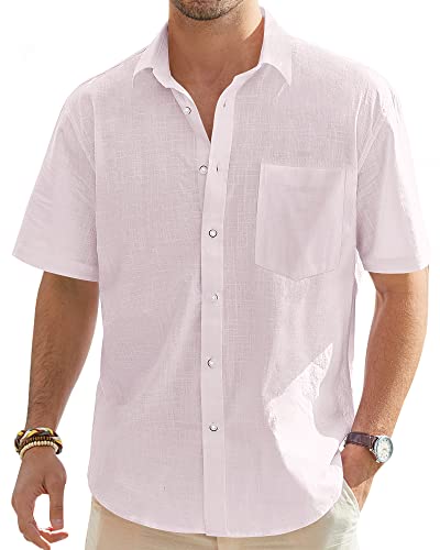 J.VER Herren Baumwolle Leinen Kurzarm Shirts Casual Leichte Button Down Shirts Strand Sommer Tops mit Tasche, Hellrosa-B, Mittel von J.VER