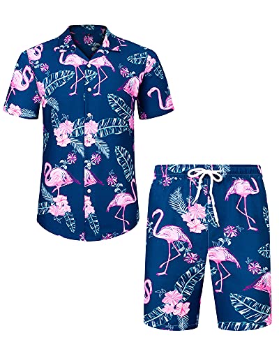 J.VER Herren Hawaiihemd Kurzarm Party Hemd Casual Flamingo Floral Strandhemd Bügelfrei Button Down Kurzarm Hawaii Shirt und Shorts Faltenfrei Urlaub Hemd Set,Blau Flamingo,L von J.VER