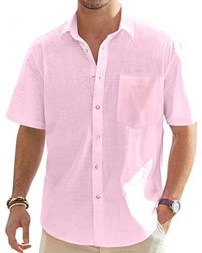 J.VER Herren Casual Plain Langarm Baumwolle Leinen Knopf Kentkragen Shirts Tops Kurzarmhemd Einfarbig Basic Shirt for Männer,Rosa,3XL von J.VER