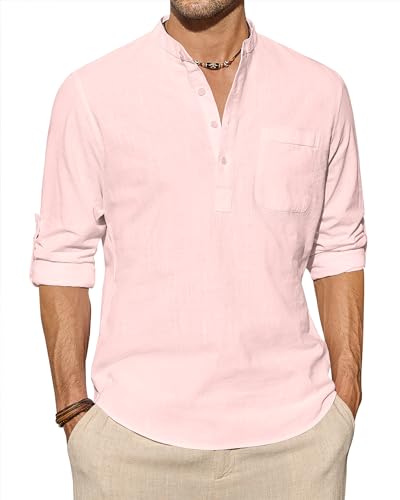 J.VER Leinenhemd Herren Langarm Freizeithemd Henley Sommerhemd Herren Hemd Regular Fit Men Shirts,Rosa,XL von J.VER