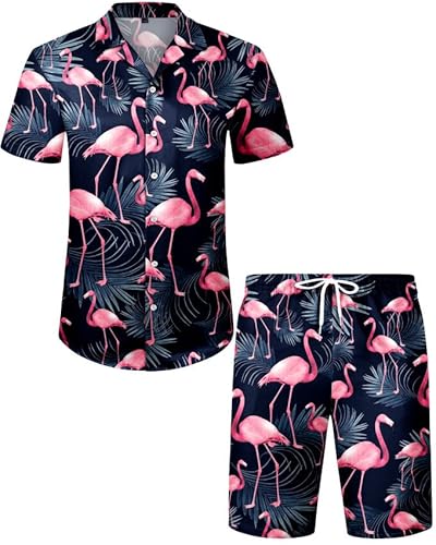 J.VER Herren Hawaiihemd Kurzarm Party Hemd Casual Flamingo Floral Strandhemd Bügelfrei Button Down Kurzarm Hawaii Shirt und Shorts Faltenfrei Urlaub Hemd Set,Dunkelblau Flamingo,3XL von J.VER