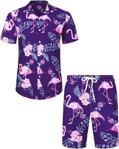 J.VER Herren Hawaiihemd Kurzarm Party Hemd Casual Flamingo Floral Strandhemd Bügelfrei Button Down Kurzarm Hawaii Shirt und Shorts Faltenfrei Urlaub Hemd Set,Lila Flamingo,3XL von J.VER