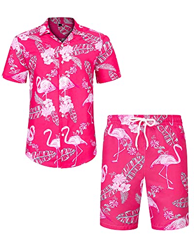 J.VER Herren Hawaiihemd Kurzarm Party Hemd Casual Flamingo Floral Strandhemd Bügelfrei Button Down Kurzarm Hawaii Shirt und Shorts Faltenfrei Urlaub Hemd Set,Rosa Flamingo,M von J.VER