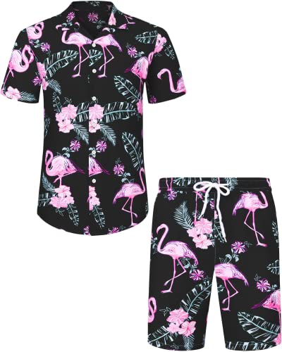 J.VER Herren Hawaiihemd Kurzarm Party Hemd Casual Flamingo Floral Strandhemd Bügelfrei Button Down Kurzarm Hawaii Shirt und Shorts Faltenfrei Urlaub Hemd Set,Schwarz Flamingo,4XL von J.VER