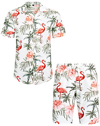 J.VER Herren Hawaiihemd Kurzarm Party Hemd Casual Flamingo Floral Strandhemd Bügelfrei Button Down Kurzarm Hawaii Shirt und Shorts Faltenfrei Urlaub Hemd Set,Weiß Flamingo,3XL von J.VER