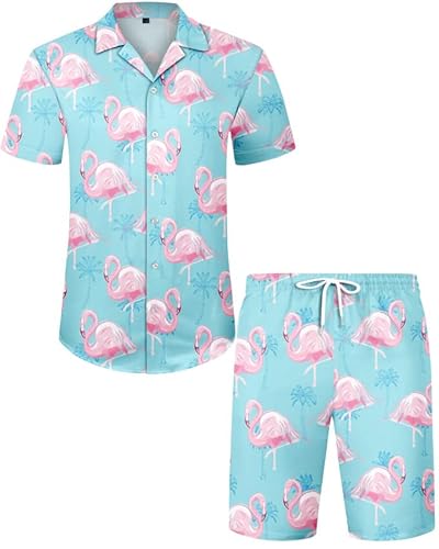 J.VER Herren Hawaiihemd Kurzarm Party Hemd Casual Flamingo Floral Strandhemd Bügelfrei Button Down Kurzarm Hawaii Shirt und Shorts Faltenfrei Urlaub Hemd Set,Zyanblau Flamingo,L von J.VER