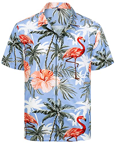 J.VER Herren Hawaiihemd Kurzarm Sommerhemd Casual Flamingo Floral Strandhemd Bügelfrei Button Down Kurzarm Hawaii Shirt Faltenfrei Urlaub Shirt,Flamingo Blau,3XL von J.VER