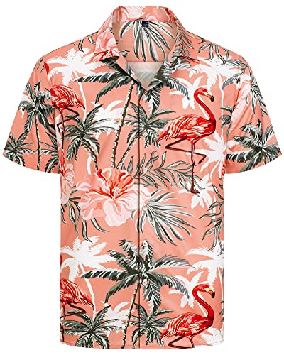 J.VER Herren Hawaiihemd Kurzarm Sommerhemd Casual Flamingo Floral Strandhemd Bügelfrei Button Down Kurzarm Hawaii Shirt Faltenfrei Urlaub Shirt,Flamingo Orange,L von J.VER