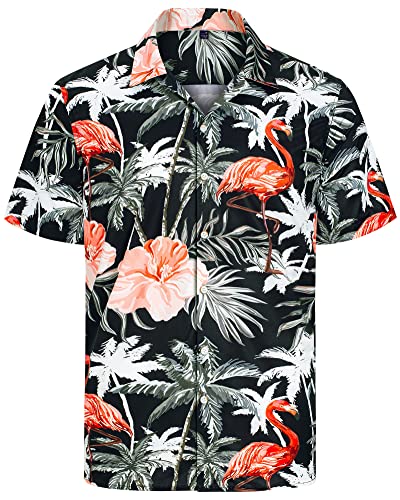 J.VER Herren Hawaiihemd Kurzarm Sommerhemd Casual Flamingo Floral Strandhemd Bügelfrei Button Down Kurzarm Hawaii Shirt Faltenfrei Urlaub Shirt,Flamingo Schwarz,3XL von J.VER