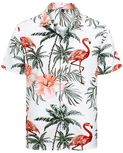 J.VER Herren Hawaiihemd Kurzarm Sommerhemd Casual Flamingo Floral Strandhemd Bügelfrei Button Down Kurzarm Hawaii Shirt Faltenfrei Urlaub Shirt,Flamingo Weiß,L von J.VER