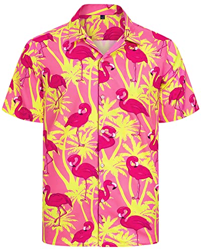 J.VER Herren Hawaiihemd Kurzarm Sommerhemd Casual Flamingo Floral Strandhemd Bügelfrei Button Down Kurzarm Hawaii Shirt Faltenfrei Urlaub Shirt,Gelb Flamingo Rosa,XXL von J.VER