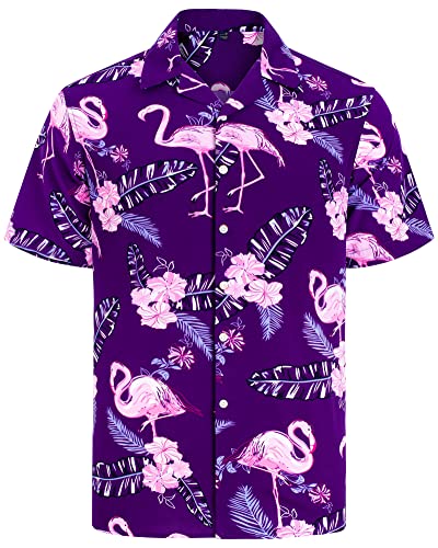 J.VER Herren Hawaiihemd Kurzarm Sommerhemd Casual Flamingo Floral Strandhemd Bügelfrei Button Down Kurzarm Hawaii Shirt Faltenfrei Urlaub Shirt,Lila Flamingo,M von J.VER