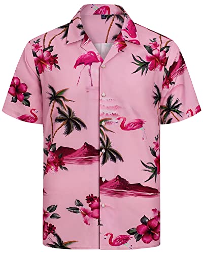 J.VER Herren Hawaiihemd Kurzarm Sommerhemd Casual Flamingo Floral Strandhemd Bügelfrei Button Down Kurzarm Hawaii Shirt Faltenfrei Urlaub Shirt,Rosa,M von J.VER