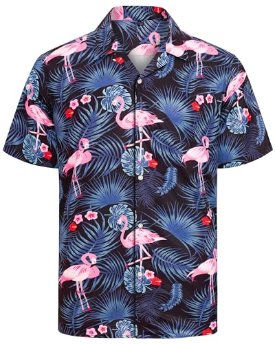 J.VER Herren Hawaiihemd Kurzarm Sommerhemd Casual Flamingo Floral Strandhemd Bügelfrei Button Down Kurzarm Hawaii Shirt Faltenfrei Urlaub Shirt,Dunkelblau Flamingo,XL von J.VER