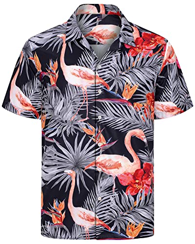 J.VER Herren Hawaiihemd Kurzarm Sommerhemd Casual Flamingo Floral Strandhemd Bügelfrei Button Down Kurzarm Hawaii Shirt Faltenfrei Urlaub Shirt,Schwarzer Flamingo,M von J.VER