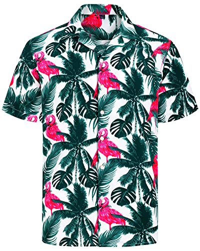 J.VER Herren Hawaiihemd Kurzarm Sommerhemd Casual Flamingo Floral Strandhemd Bügelfrei Button Down Kurzarm Hawaii Shirt Faltenfrei Urlaub Shirt,Grün Flamingo,4XL von J.VER